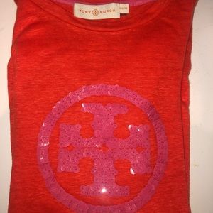 Orange Linen Tory Burch T-Shirt with Pink Sequins